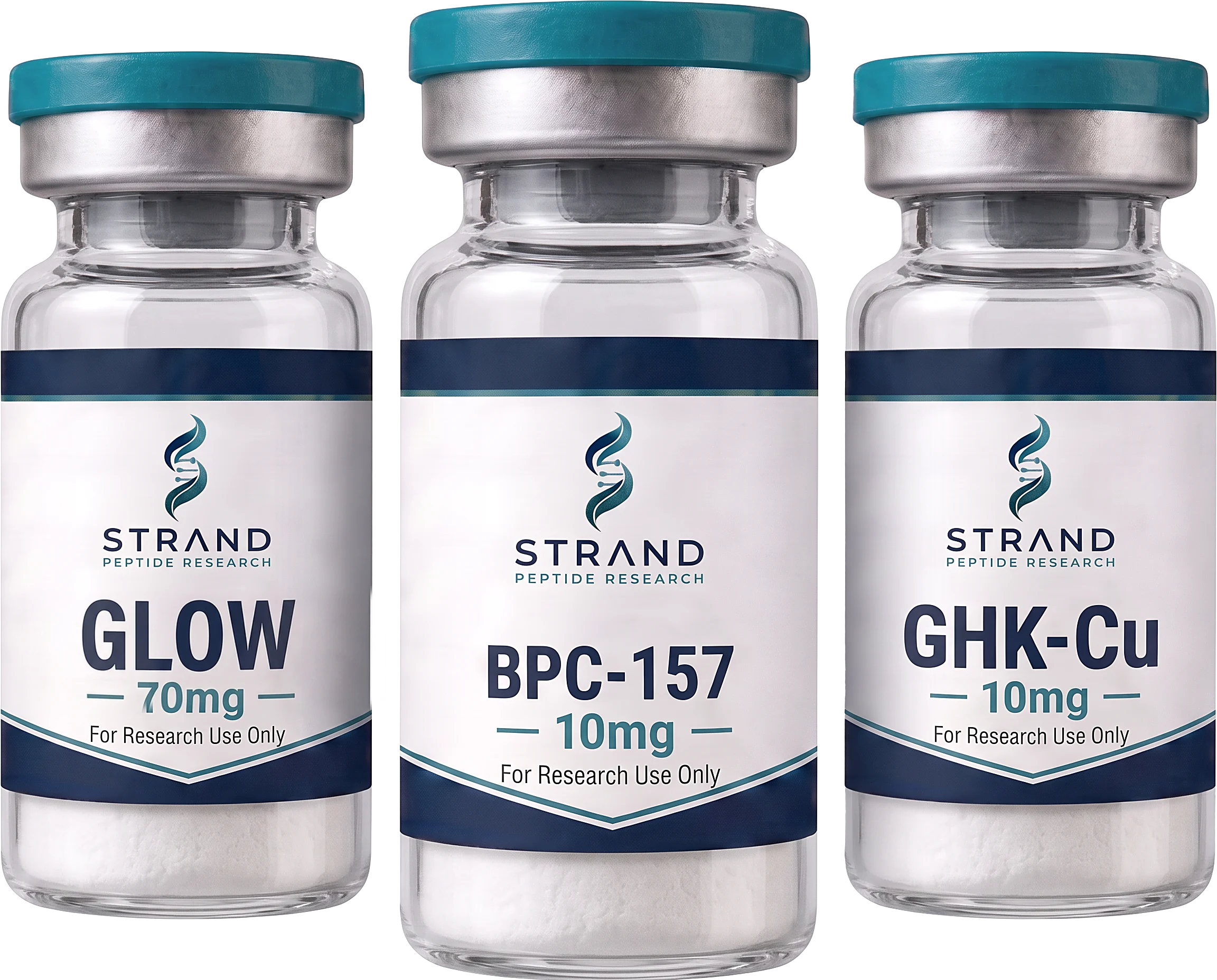 Strand Peptide Research vials — GLOW 70mg, BPC-157 10mg and GHK-Cu research peptides